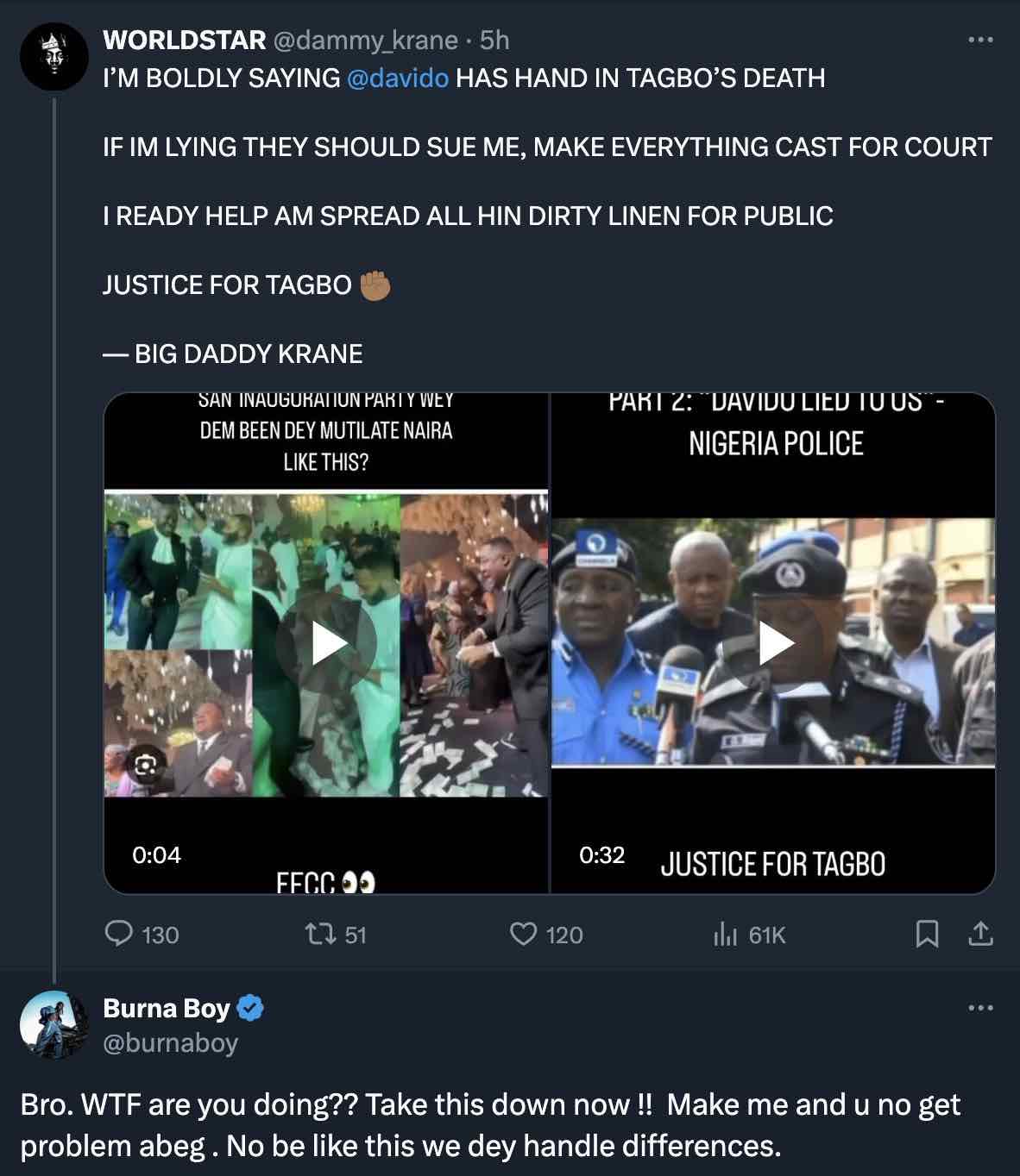 Burna Boy defends Davido over Dammy Krane following Tagbo's d3ath accusation